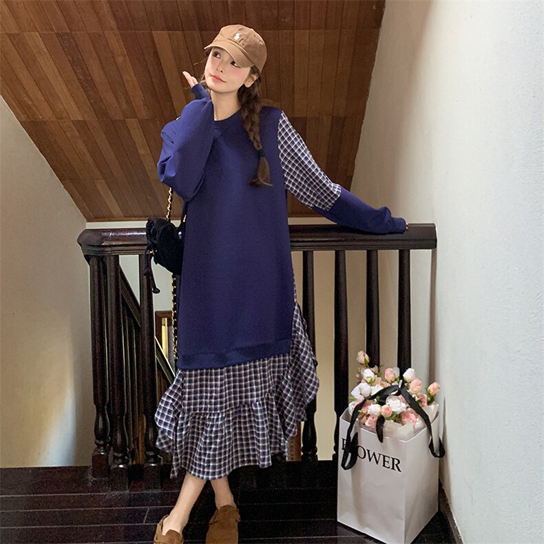 假两件格子拼接卫衣裙女2025年春季新款韩系流行减龄超好看连衣裙，女装连衣裙，浙宝276（原081）