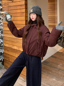 纯色圆领飘带短款休闲宽松羽绒服女保暖外套图片