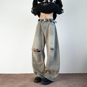 美式高街ing刀割破洞猫须微喇牛仔裤男小众设计长裤RK3227-P55图片