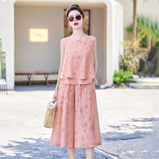 【现货】2024年夏季新款提花无袖阔腿裤套装女，女装套装/套裙，贵人树