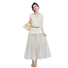 法式一字领高级感上衣+不规则裙摆半身裙两件套送腰带，女装套装/套裙，采品优优