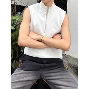 夏季暗黑系半拉链套头背心男女设计感韩版简约痞帅纯色无袖打底衫图片