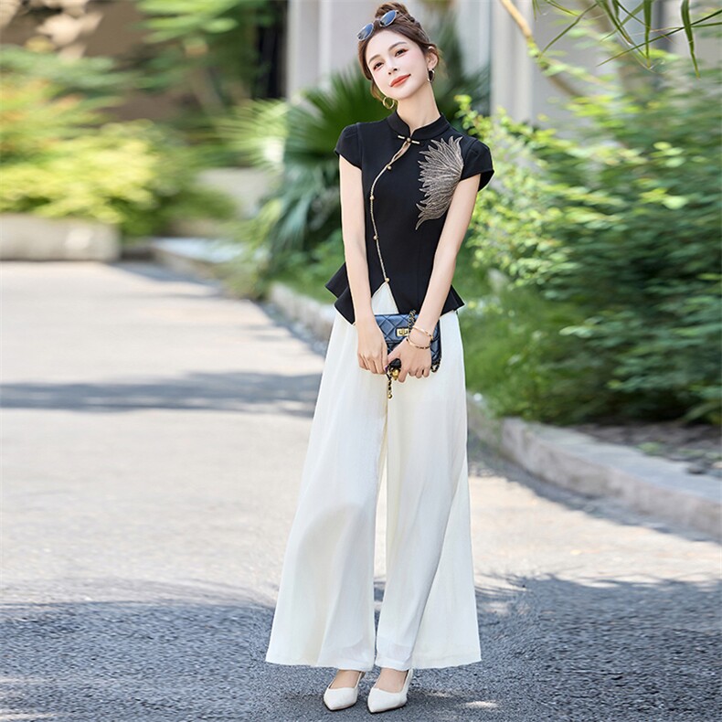 中式国风时尚流行刺绣套装女2025夏日巨好看的唐装阔腿裙裤两件套,女装套装/套裙,玖莱伊