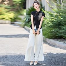 中式国风时尚流行刺绣套装女2025夏日巨好看的唐装阔腿裙裤两件套，女装套装/套裙，玖莱伊