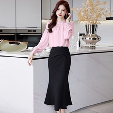 BAOKUAN2023年复古立领洋气减龄衬衣百搭显瘦时尚半身裙套装，女装套装/套裙，时尚俏佳人