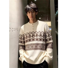 秋冬季毛衣男士圆领加绒加厚小鹿图刺绣宽松针织打底衫男装上衣，男装T恤，星座506A