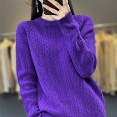 秋季新款镂空圆领衫女套头长袖毛衣百搭绞花羊毛打底针织衫，女装羊毛衫，魅途羊绒