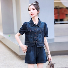 高级感时尚薄款牛仔套装女2025夏季新款小个子洋气百搭短裤两件套，女装套装/套裙，意芙