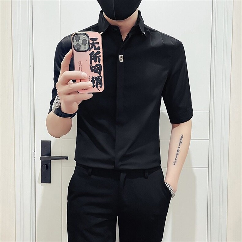 韩版高级感七分袖衬衫搭配套装夏季薄款男士衬衫冰丝修身雅痞衬衣,男装休闲套装,星座218-1（原230）