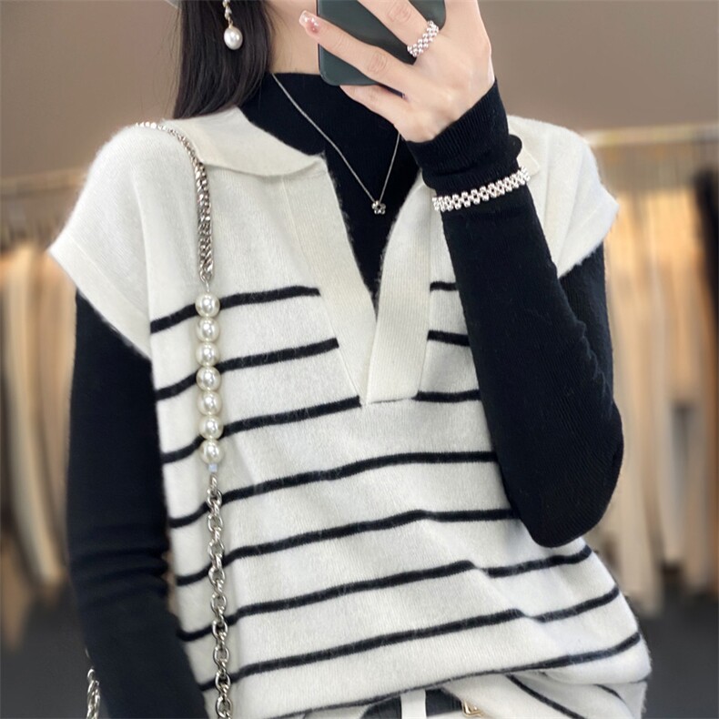 时尚条纹毛衣女V领无袖针织衫修身显瘦百搭气质外套,女装马甲,琳华羊绒