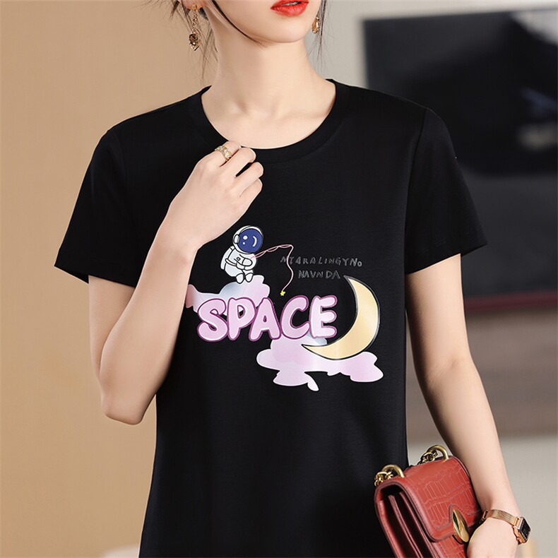烫画太空月亮工艺小众个性舒适棉T,女装T恤,元素羊绒