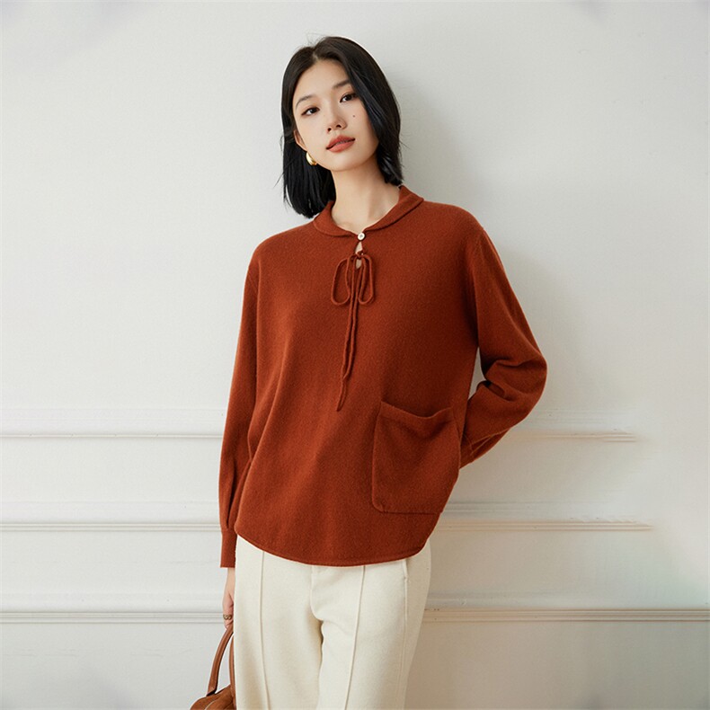 新中式女polo领纯山羊绒衫2025秋冬新款宽松针织打底毛衣娃娃图片