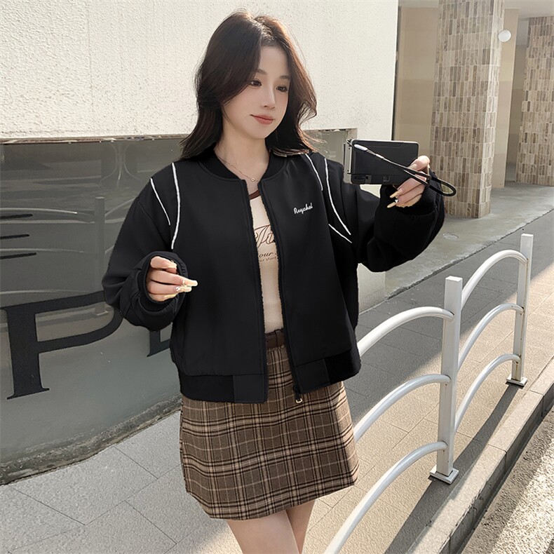 美式棒球服外套女春秋通勤短款撞色拼接复古夹克刺绣宽松休闲上衣,女装短外套,鑫慧