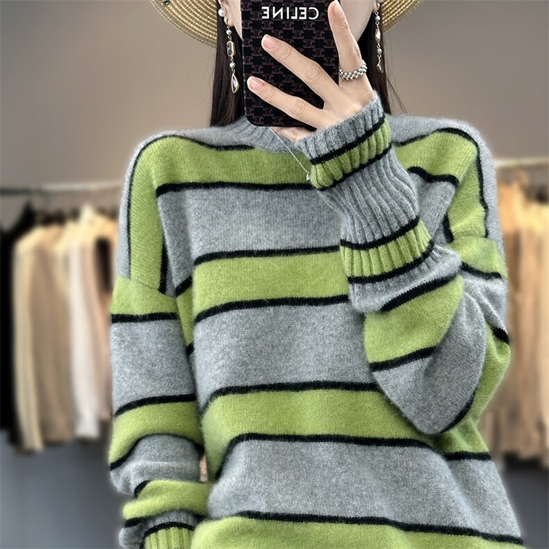 时尚条纹羊绒衫女宽松显瘦百搭气质毛衣,女装羊绒衫,琳华羊绒