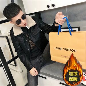 1冬季加绒毛领修身水洗皮衣男社会小伙夹克外套301B-PY15图片