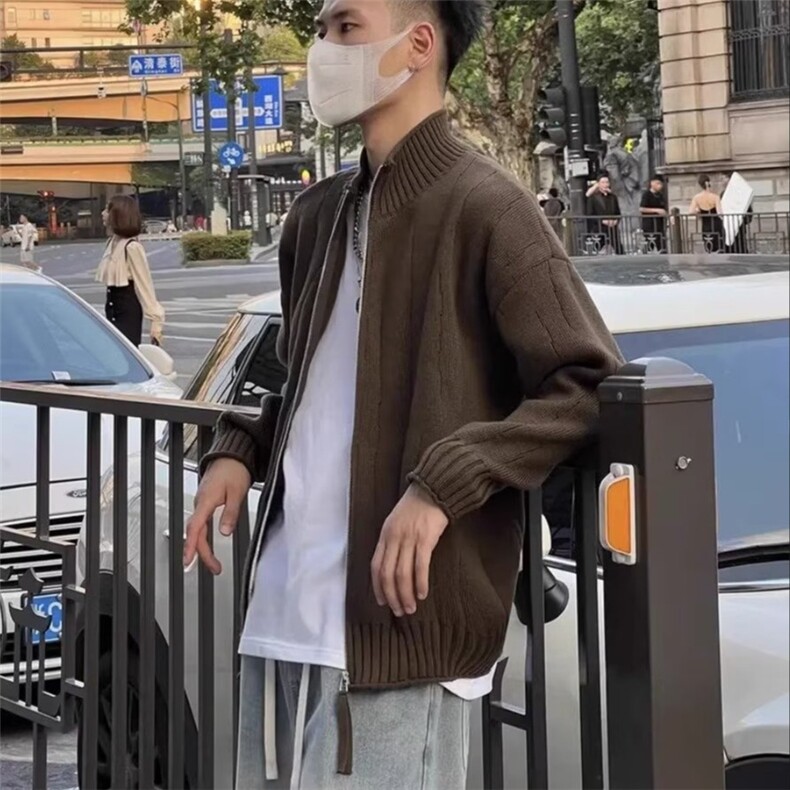 秋冬季高级洋气高克重竖纹下摆线条点缀简约厚实宽松百搭针织开衫,男装针织衫/毛衣,星座1210-1