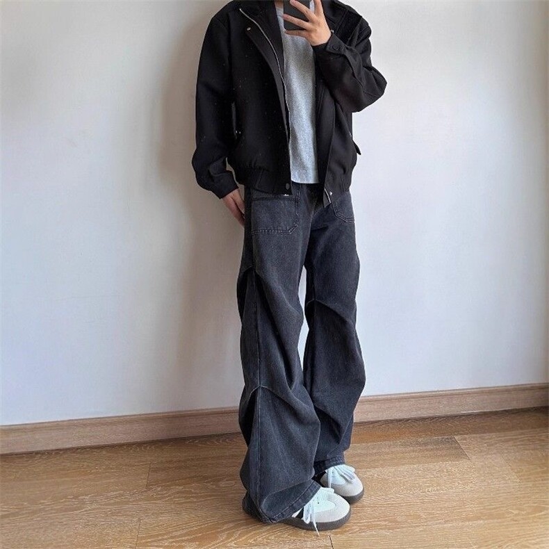 美式高街水洗做旧阔腿牛仔裤男褶皱vibe设计感宽松直筒拖地长裤子,男装牛仔裤,星座1210-1