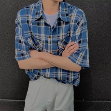 美式夏季格子男短袖衬衫新款复古vintage高级感半袖上衣，男装衬衫，星座410-7