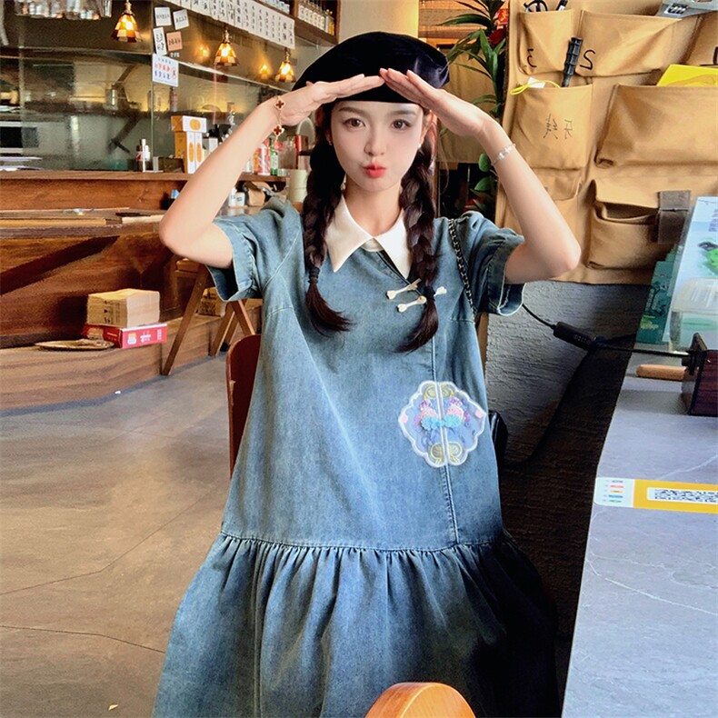 新中式国风牛仔连衣裙女夏2024新款复古小个子休闲减龄短袖裙子,女装连衣裙,2C262
