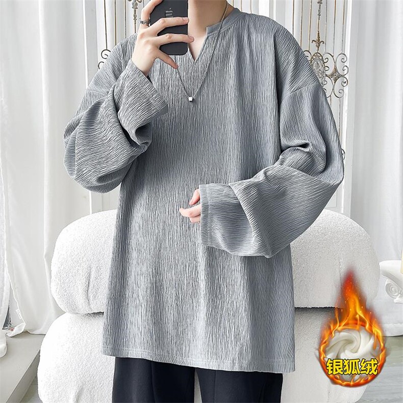 高克重480g银狐绒蓄热V领男痞帅宽松长袖T恤T1704J加绒-特P30控58，男装T恤，电商A001