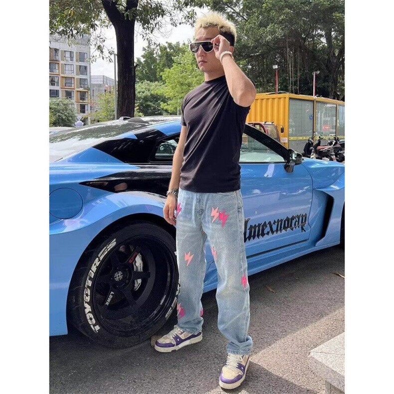 Q70/P48港风潮男夏季闪电牛仔裤嘻哈ins潮高街潮流痞帅长裤,男装牛仔裤,星座1506
