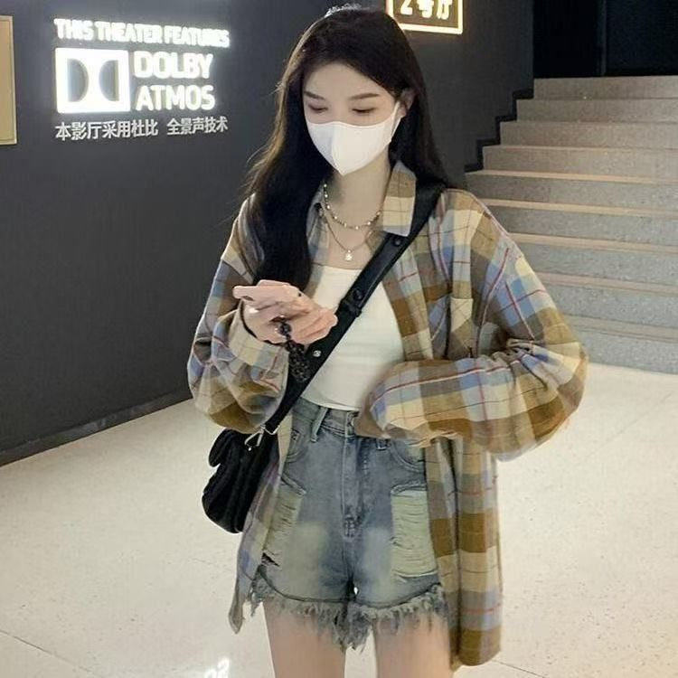 TC501-P45复古格纹衬衫2026新款宽松休闲情侣款衬衣，女装衬衫，星座617A-2