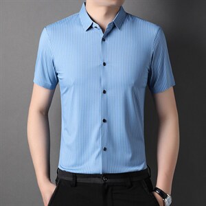 男士短袖衬衫冰丝无痕条纹商务休闲装夏季免烫高弹力中年上衣图片