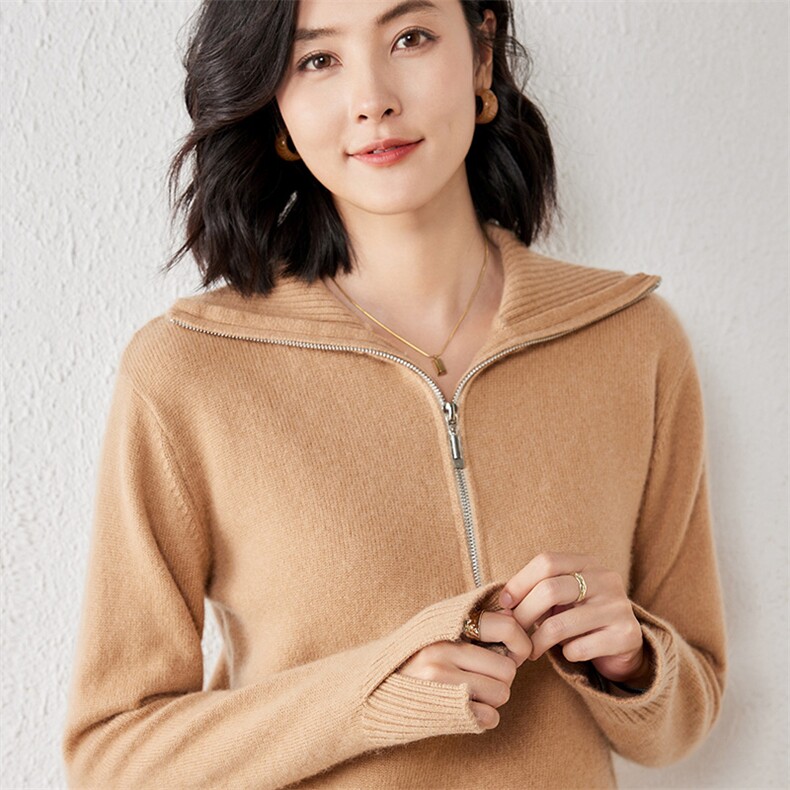 2025年春季半开领羊绒修身型常规套头长袖山羊绒时尚百搭,女装羊绒衫,春贝羊绒