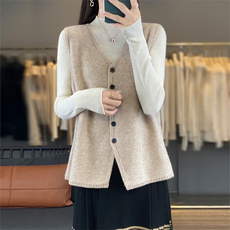 羊毛针织马甲开衫女2024秋冬新V领叠穿无袖毛衣坎肩,女装马甲,优麦羊绒（原洪叶羊绒）