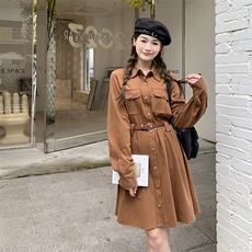 焦糖色连衣裙女春秋2025新款小个子气质工装裙爆款气质衬衫裙洋气，女装连衣裙，浙宝276（原081）