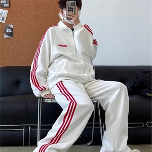 撞色开衫立领卫衣长裤男套装韩版宽松时尚炸街休闲运动两件套潮流图片