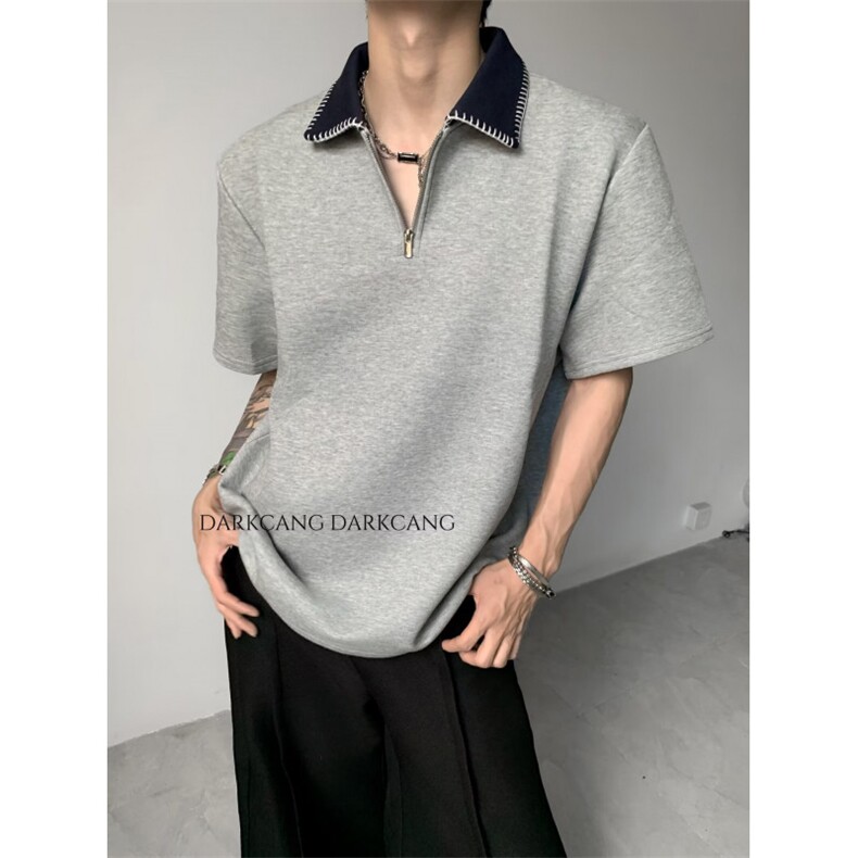 垫肩V领撞色翻领休闲T恤男短袖夏季高级感痞帅半袖513APL1957P36,男装T恤,星座513A