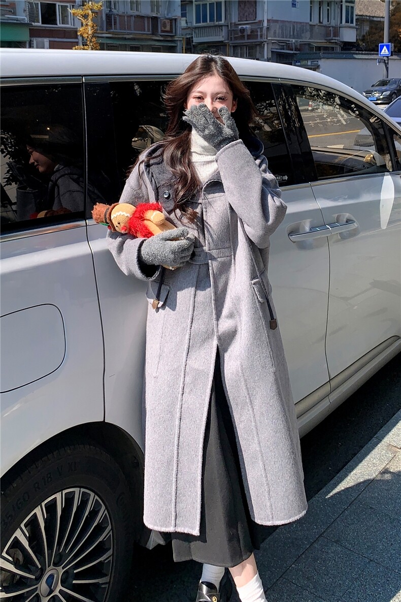 现货新款双面羊毛呢正反两穿连帽风衣,女装双面呢大衣,丝露怡语