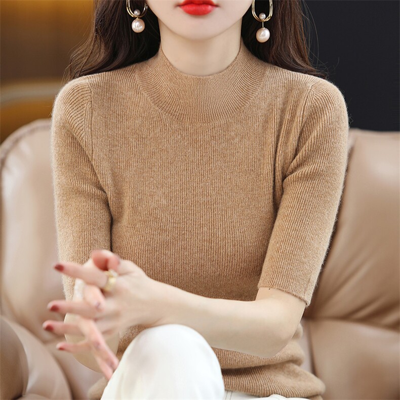 半高领毛衣女内搭2024秋新款修身显瘦中袖紧身短款,针织衫/毛衣,皓宇羊绒