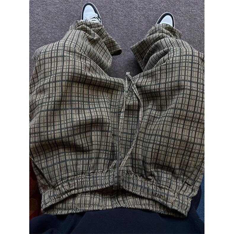 复古斜纹格子裤子宽松bf慵懒风弯刀裤男款休闲直筒裤KS03，男装休闲裤，星座1116A（原606A-3）