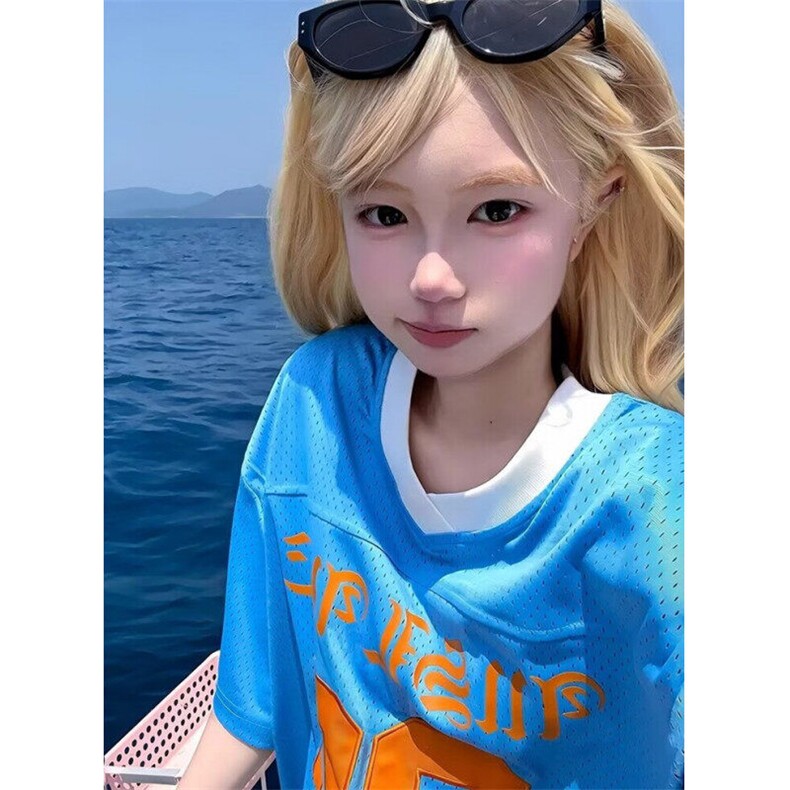 撞色V领短袖T恤女夏季网眼宽松运动休闲复古字母印花上衣TY160,男装T恤,星座1116A（原606A-3）