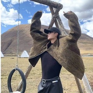 高街灯草毛绒棕色休闲夹克外套潮牌流行毛衣夹克棉衣上衣Y8161图片