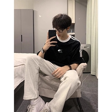 夏季美式高街重磅纯棉三条杠织带撞色男女短袖T恤ZD638-特P30，男装T恤，电商A486-1