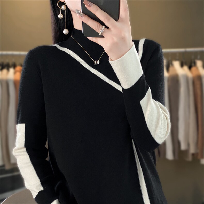 时尚拼色羊毛针织衫显瘦百搭宽松毛衣秋冬必备单品,针织衫/毛衣,暖姿羊绒
