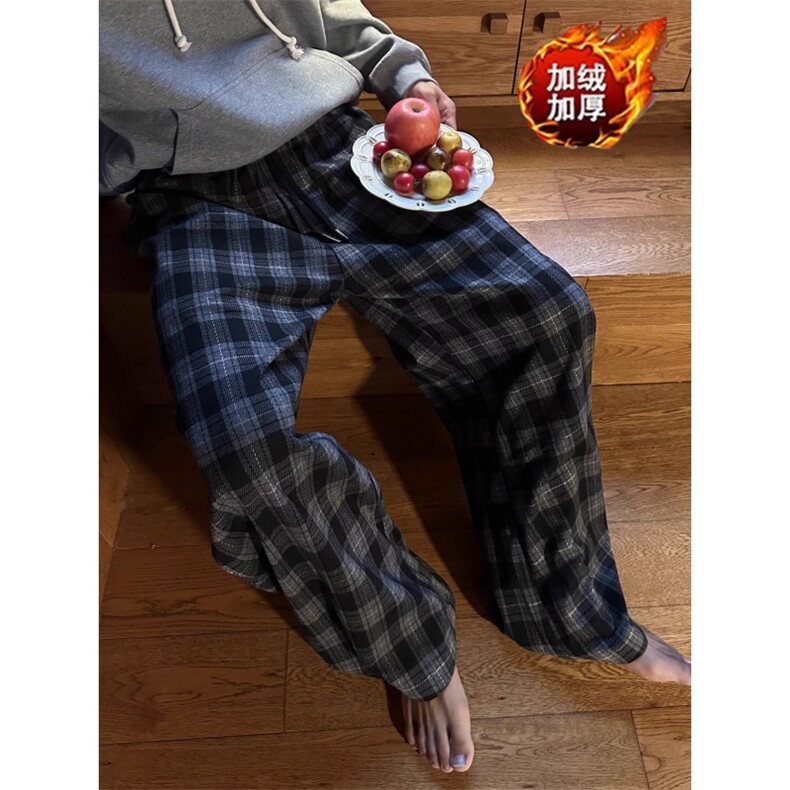 毛呢格子阔腿裤男加厚冬季新款宽松大脚直筒裤百搭时尚大码休闲裤图片