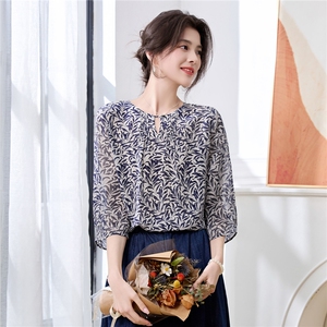 时尚轻奢高级感真丝衬衫女2025夏装新款03双绉桑蚕丝上衣印花小衫图片