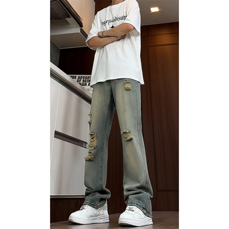 B221美式ins高街暗黑小众微喇破洞牛仔裤LK24180-P60控78,男装牛仔裤,电商B221