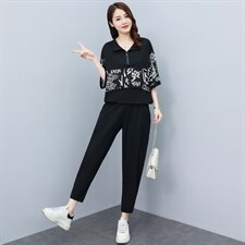 中年妈妈两件套大码减龄女装时尚2023夏季宽松显瘦花色中袖裤套装，女装套装/套裙，素月