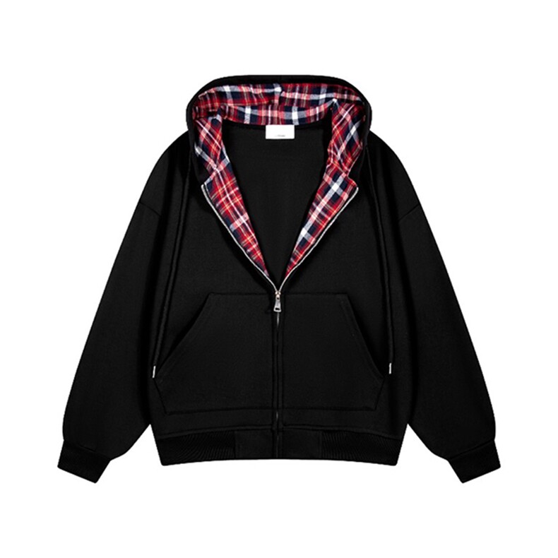 抖音得物品质二开25秋冬美式假两件格子连帽卫衣开衫外套CM35，男装卫衣，电商A486