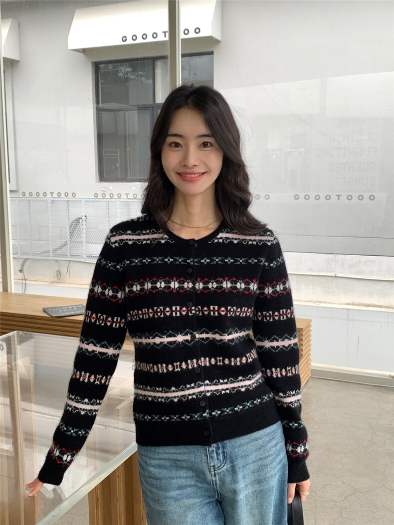 圆领针织开衫女修身毛衣秋冬短款长袖上衣外套女,针织衫/毛衣,玛卡隆羊绒