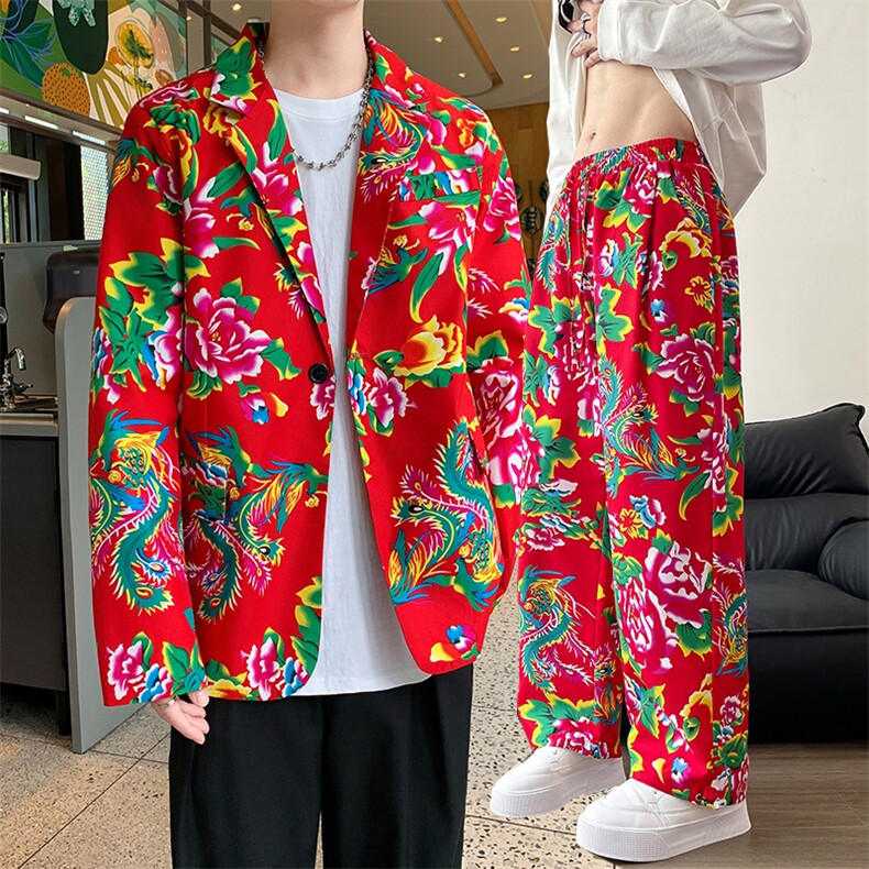 XF02男秋港风文艺休闲大码西服套装西装东北大花民族风特色新中式,男装民族服装,星座115A(原星座507）