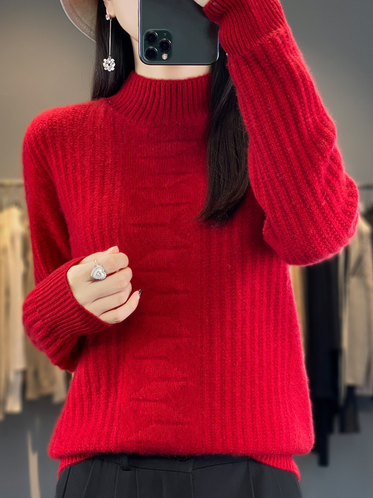 加厚半高领羊毛衫女秋冬新款针织衫宽松时尚提花羊绒衫毛衣打底,针织衫/毛衣,暖绒情旗舰店