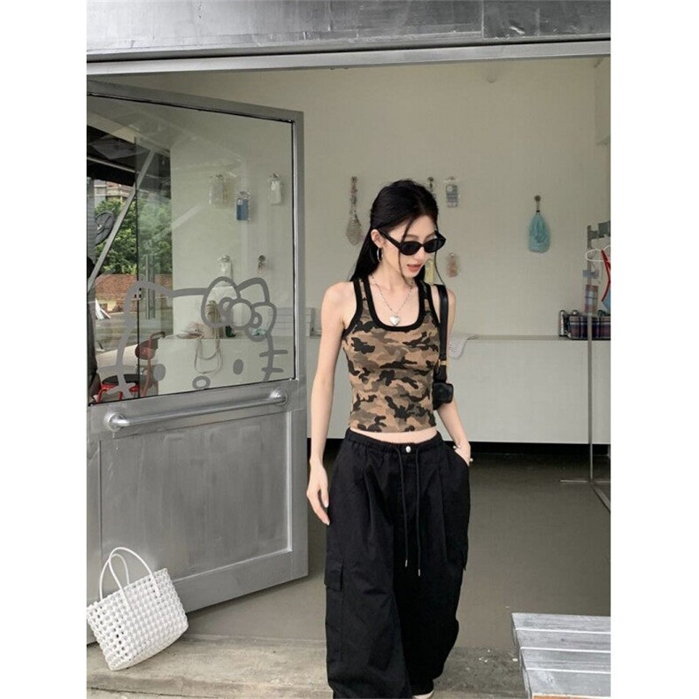 W9656-P28网图现货美式辣妹短款迷彩吊带背心女夏季内搭美背,男装背心/马甲,星座1608-2