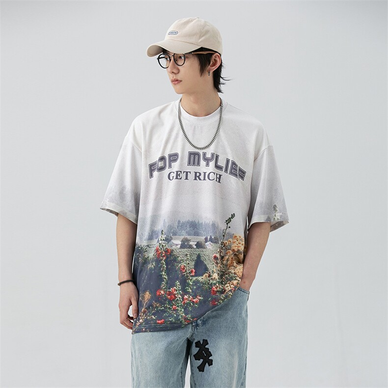2023夏新款情侣风满版印花冰丝宽松圆领短袖T恤上衣T2225-P40,男装T恤,星座914-3