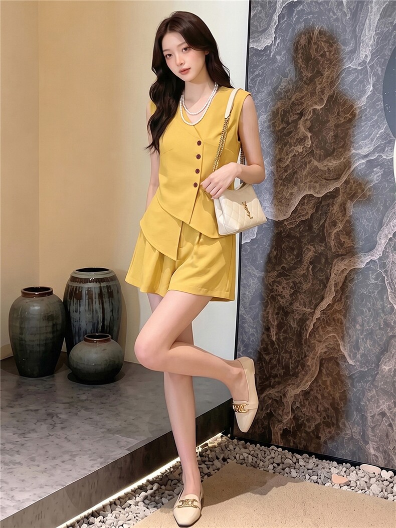 时尚气质减龄套装女夏季新款不规则无袖马甲上衣阔腿短裤两件套潮,女装套装/套裙,江南